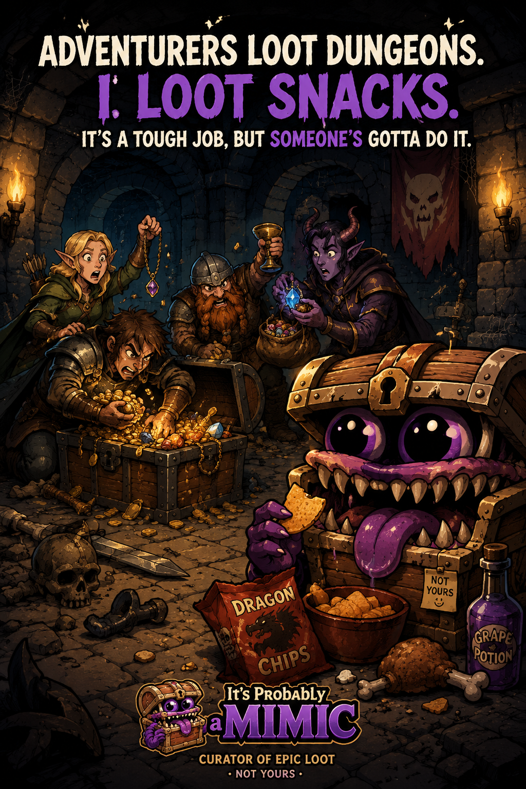 The Mimic eating snacks while adventurers loot a dungeon