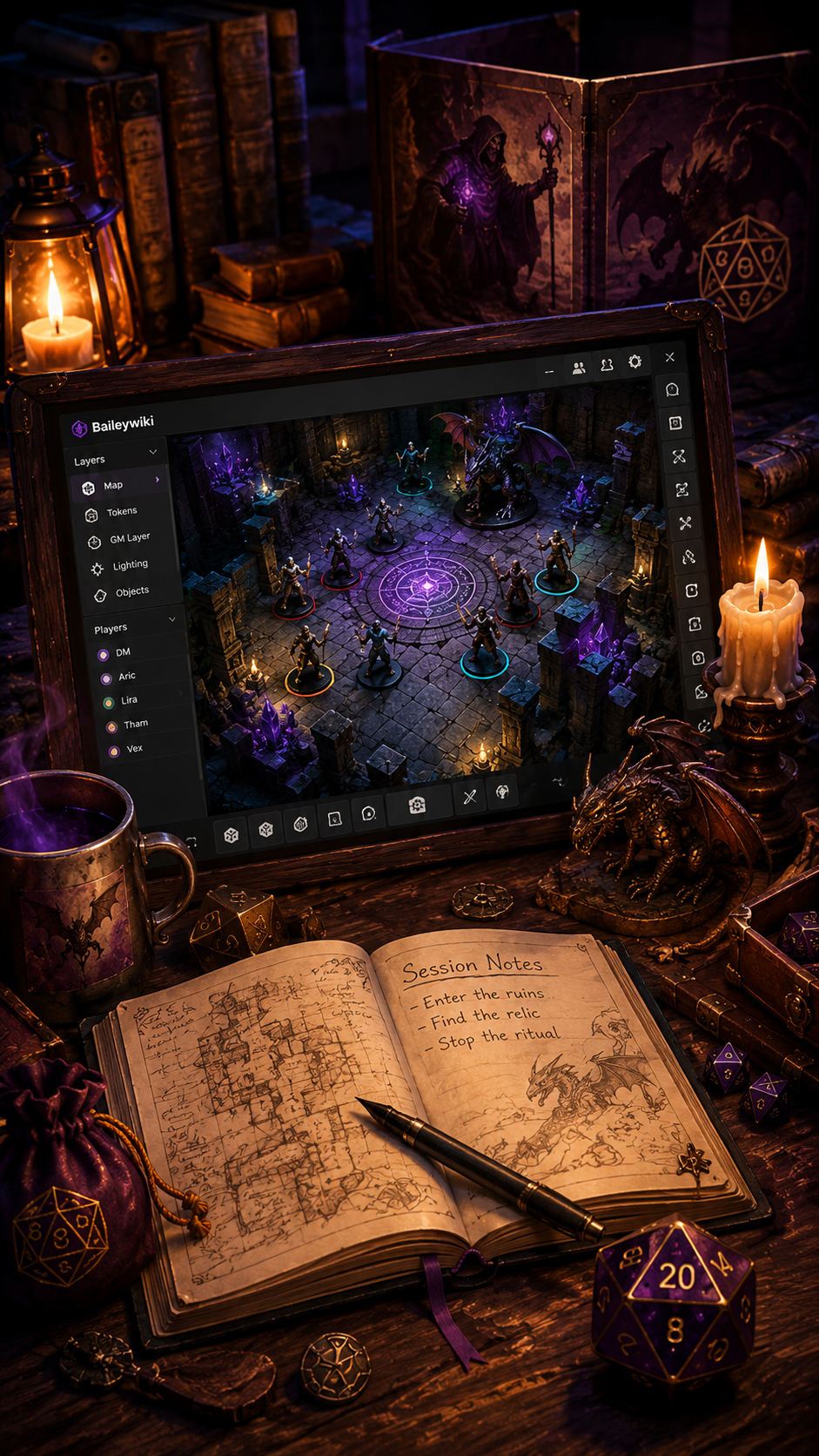 Virtual tabletop fantasy RPG setup with digital maps and assets